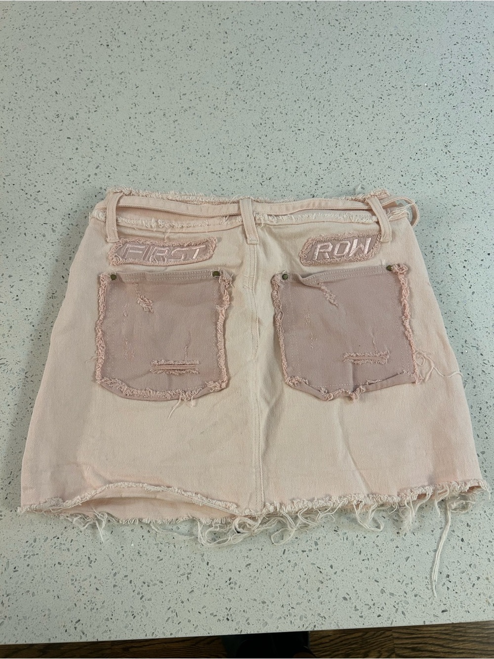 First Row: Distressed Pink Patch Mini Skirt - Picture 2 of 2